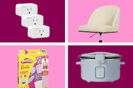 white plug in, white office chair, Barbie playdoh, and blue slow cooker