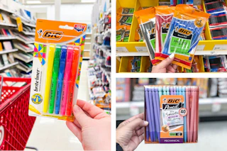 bic pens, mechanical pencils, and highlighters side by side