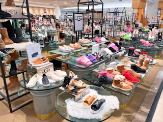 An area shot of Ugg brand shoes, slippers, sandals, and boots