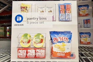 box of kitchen storage bins on a shelf