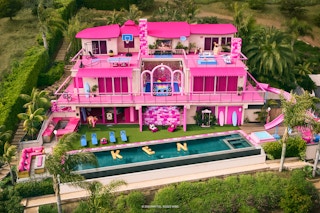 An aerial view of the Barbie's Malibu Dreamhouse Airbnb listing