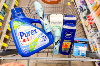 purex detergent, degree deodorant, schick intuition razor, nivea body wash, and neutrogena moisturizer in a cart