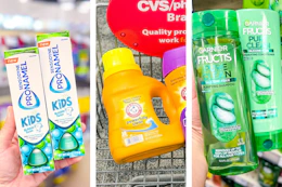 collage image of sensodyne kids toothpaste, arm & hammer detergent, and garnier shampoo