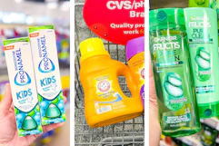 collage image of sensodyne kids toothpaste, arm & hammer detergent, and garnier shampoo