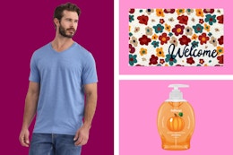 George men's tee, floral welcome mat, SoftSoap hand soap