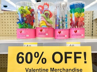 Valentine's Day clearance merchandise with signage below