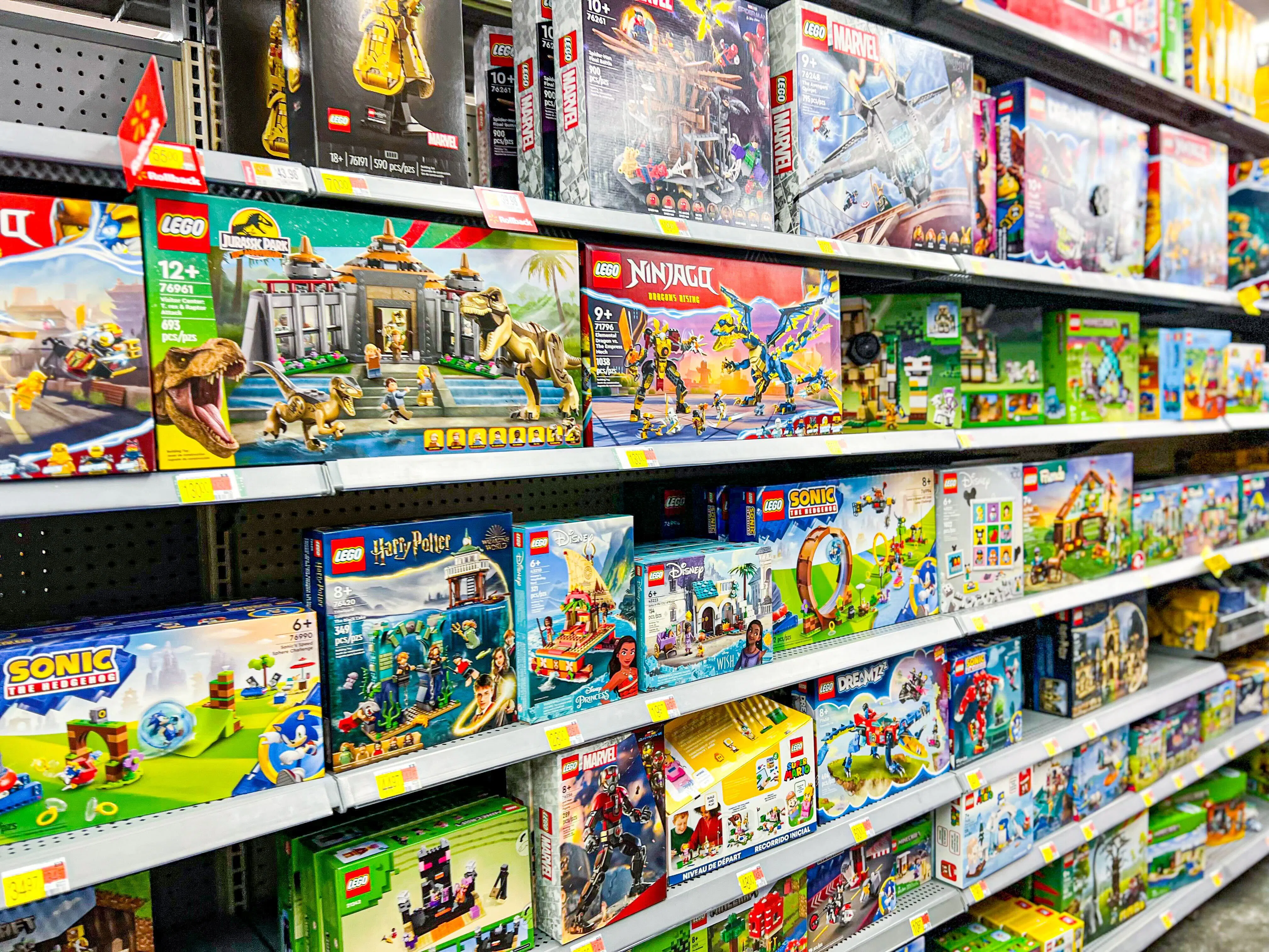 Lego bricks on display with Walmart signage, highlighting the sale price of $8.99