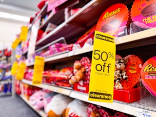 Valentine's Day Clearance aisle with 50% off signage