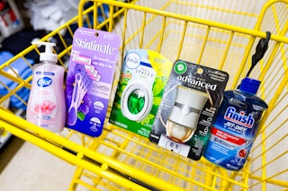 dial, skintimate, febreze, finish products in a yellow shopping cart