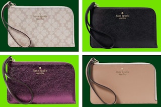 Variety of Kate Spade wristlets on a light and dark green collage background.