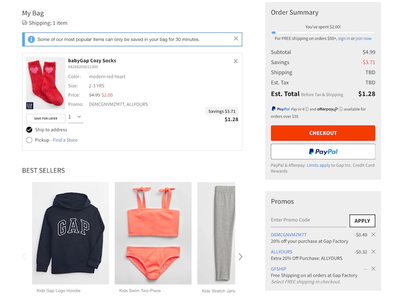 gap factory cart screenshot