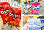 collage image of doritos, bottled water, nerds gummy clusters, and trolli gummy worms