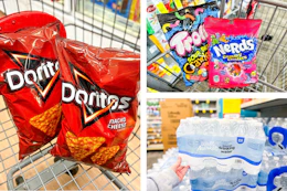 collage image of doritos, bottled water, nerds gummy clusters, and trolli gummy worms