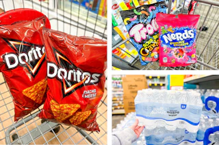 collage image of doritos, bottled water, nerds gummy clusters, and trolli gummy worms
