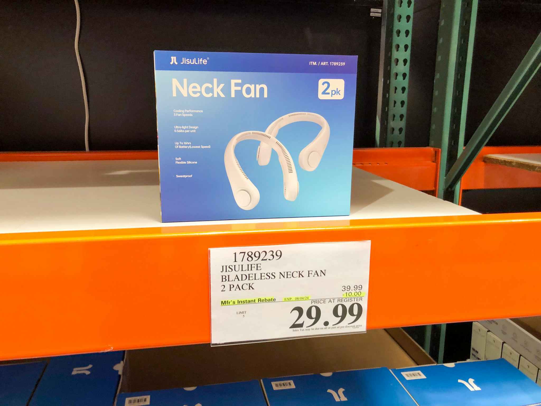 box of 2 neck fans on a costco shelf