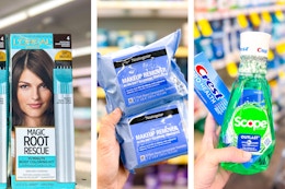 collage image of loreal root rescue hair dye, neutrogena makeup wipes, and crest toothpaste and mouthwash
