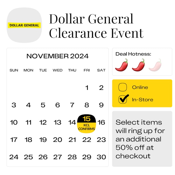 Calendar graphic showing the next predicted start date for the Dollar General Clearance Event as November 15, 2024.