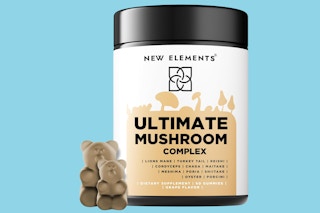 A jar of 60-count Ultimate Mushroom Complex gummy supplements with two gummies next to it
