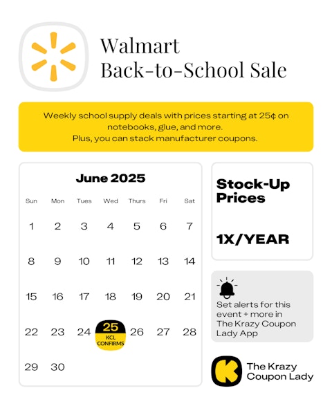 Calendar Graphic with Walmart Back to School sale for june 25 2025