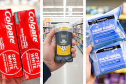 collage image of colgate toothpaste, dove men deodorant, and neutrogena makeup wipes
