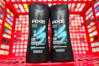 two bottles of axe body wash in a red shopping basket