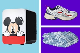 Mickey mini fridge, Avia running shoes and a folding king blanket