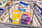 unisom, aspercreme, and allegra in a walgreens shopping cart
