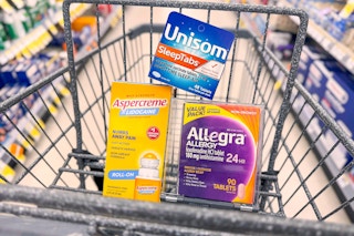 unisom, aspercreme, and allegra in a walgreens shopping cart
