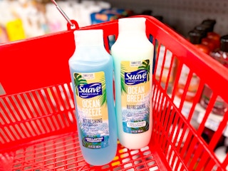 two bottles of Suave Essentials shampoo and conditioner