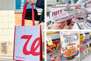 collage with eye mask, cereal box, and walgreens shopping bag