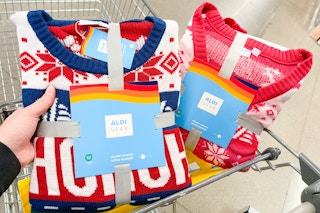 hand holding an aldi holiday sweater