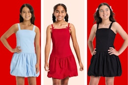 3 colors of Art Class Bubble Dresses for girls in blue, red and black
