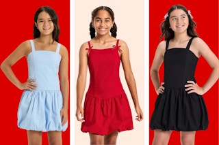 3 colors of Art Class Bubble Dresses for girls in blue, red and black
