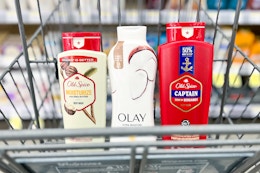 old spice and olay body wash in a cart
