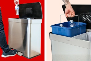 2 lifestyle images of the stainless steel Qualiazero trash can being used to recycle a water bottle(s)