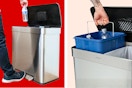 2 lifestyle images of the stainless steel Qualiazero trash can being used to recycle a water bottle(s)