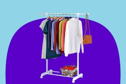 Mainstays Adjustable Rolling Garment Rack, Only $9 at Walmart card image