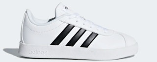 One white Adidas kids-sized shoe with black stripes