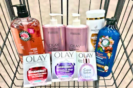 Olay, Herbal Essences, and Pantene products in a shopping cart