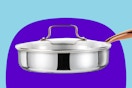 Carote 10-Inch Tri-Ply Stainless Steel Pan on a purple and blue background.
