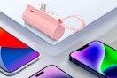 Lifestyle image of Owntech power bank in pink (3 iphones in the background)