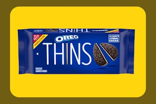 Oreo thins cookies packaging on yellow KCL template