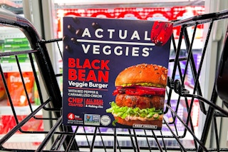 actual veggie veggie burgers in a black shopping cart