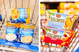 2 Walmart store images of Progresso soups & Del Monte Escapes