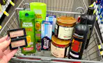 maybelline eyeshadow, garnier shampoo, crest toothpaste, shea moisture hair gel, and tresemme shampoo in a cart