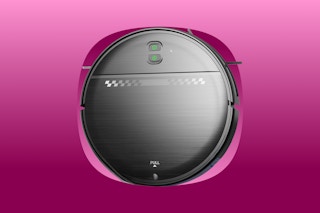 A round, dark grey robot vacuum and mop
