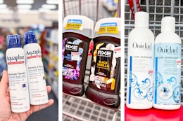 collage image of aquaphor, axe, and ouidad products