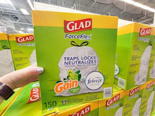 a large box of Glad ForceFlex trash bags that are Gain scented.
