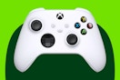 Stock image of white Xbox Series X|S Wireless Controller over green max shape background