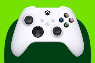 Stock image of white Xbox Series X|S Wireless Controller over green max shape background